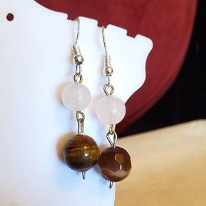 1.5" Silver Tone Hook Tiger's Eye Bead Earrings